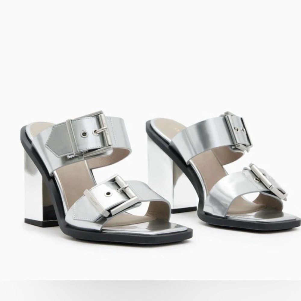 AllSaints Camille Silver Chrome Mirror Block Heel Sandals Sz 36 NIB